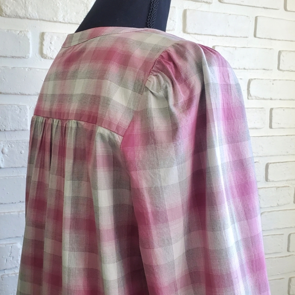 NWT LOFT Pink Plaid Smocked Yoke Button Front Blouse - Size XS - Picture 10 of 14